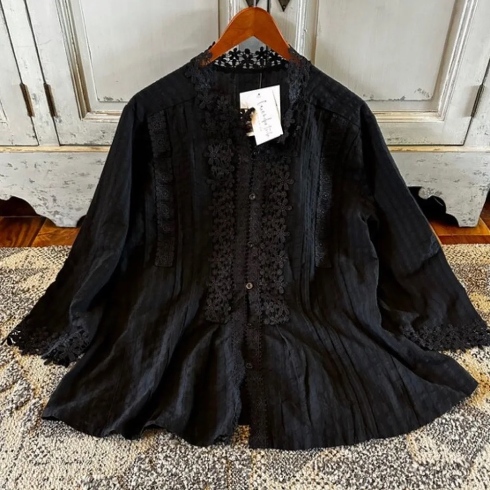 New Bohemian Black Lace Button Front Blouse /  Top Summer Dress Vintage Shirt - Picture 4 of 10